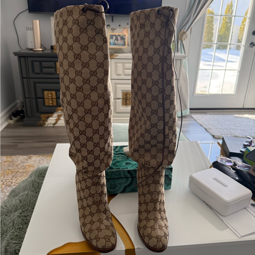 Gucci Women's Beige Monogram Over the Knee Boots